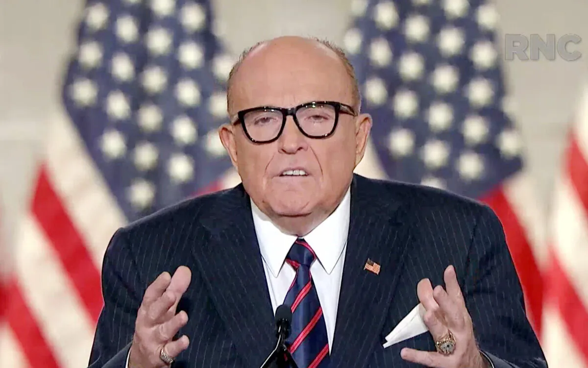 In this screenshot from the RNC’s livestream of the 2020 Republican National Convention, personal attorney to U.S. President Donald Trump and former New York City Mayor Rudy Giuliani addresses the virtual convention on August 27, 2020. (Courtesy of the Committee on Arrangements for the 2020 Republican National Committee via Getty Images)
