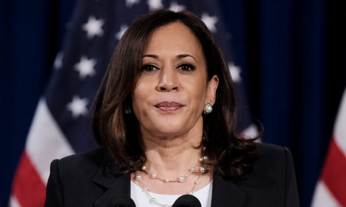 Democratic Vice Presidential nominee Sen. Kamala Harris (D-CA.), delivers remarks during a campaign event in Washington, on Aug. 27. 2020. (Michael A. McCoy/Getty Images)