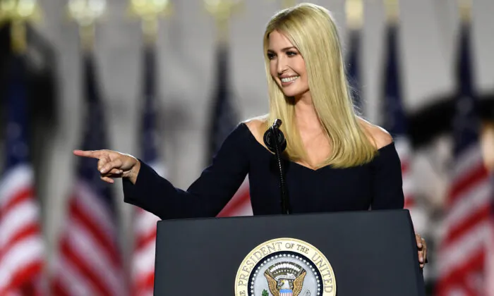 Ivanka Trump, daughter and Advisor to the US president, speaks during the final day of the Republican National Convention from the South Lawn of the White House in Washington, on Aug. 27, 2020. (Brendan Smialowski/AFP via Getty Images)