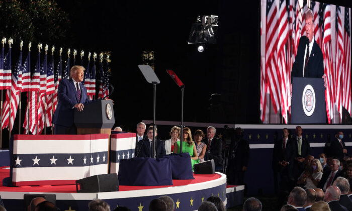 President Donald Trump delivers his acceptance speech for the Republican presidential nomination on the South Lawn of the White House in Washington on Aug. 27, 2020. (Alex Wong/Getty Images)