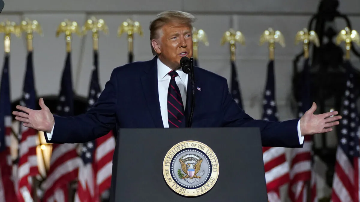 President Donald Trump speaks from the South Lawn of the White House on the fourth day of the Republican National Convention, in Washington, on Aug. 27, 2020. (Evan Vucci/AP Photo)