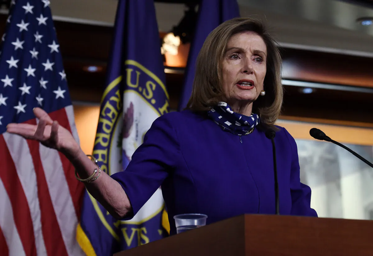 Speaker of the House Nancy Pelosi (D-Calif.) speaks to reporters during her weekly press conference at the U.S. Capitol in Washington on Aug. 27, 2020. (Olivier Douliery/AFP via Getty Images)