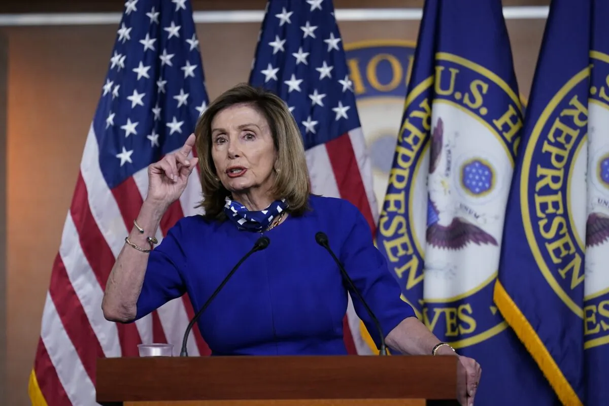 House Speaker Nancy Pelosi (D-Calif.) speaks during a news conference at the Capitol in Washington on Aug. 27, 2020. (J. Scott Applewhite/AP Photo)
