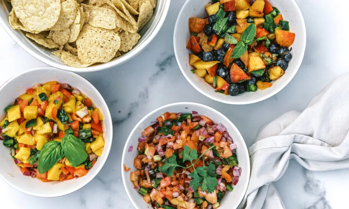 Mango-basil salsa, pico de gallo, and blueberry peach salsa with mint. (Matt Genders Photography)
