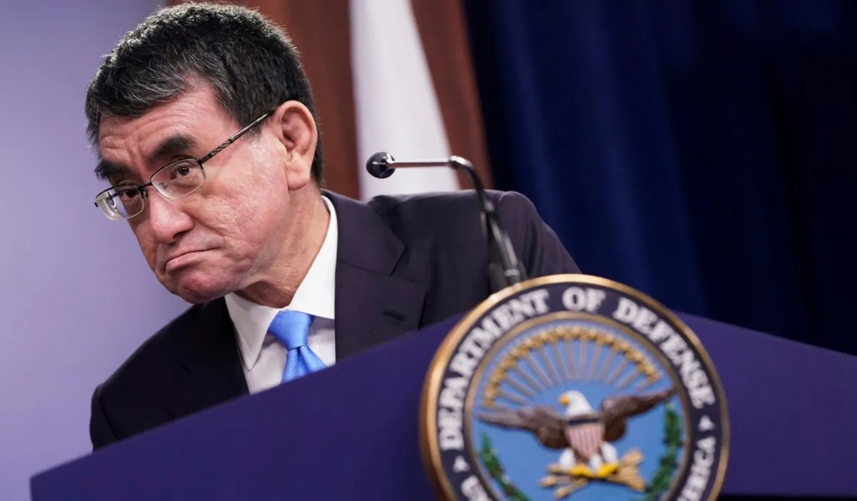 Japan's Defense Minister Taro Kono reacts during a joint news conference with U.S. Secretary of Defense Mark Esper at the Pentagon in Washington, on Jan. 14, 2020. (Joshua Roberts/Reuters)
