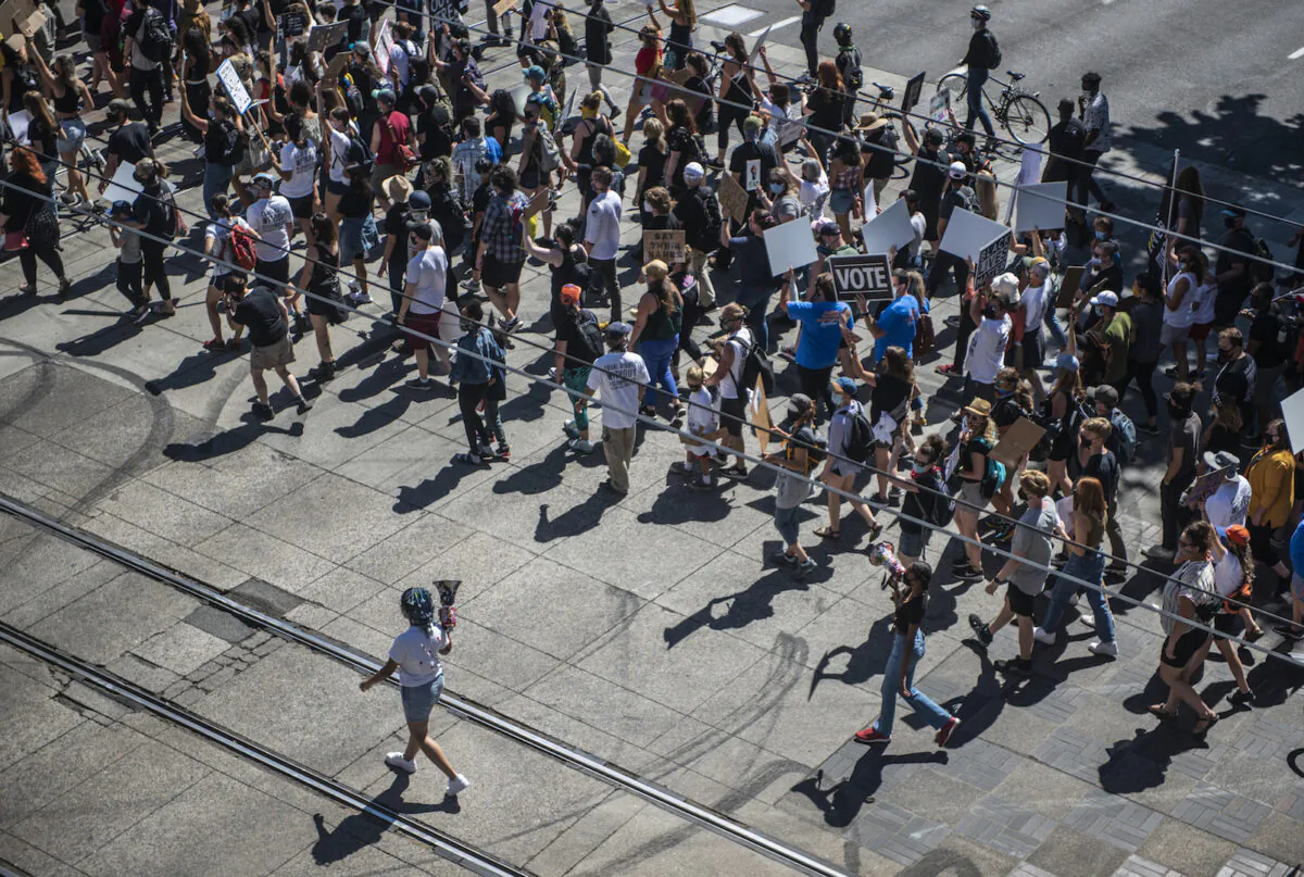 Protesters march through downtown during a Black Lives Matter rally on Aug. 28, 2020 in Portland, Oregon. (Nathan Howard/Getty Images)