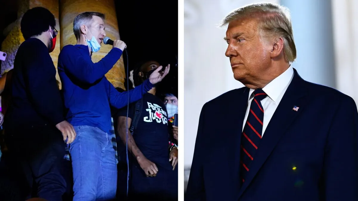 (L) Portland Mayor Ted Wheeler in Portland, Oregon, on July 22, 2020. (Nathan Howard/Getty Images); President Donald Trump   at the South Lawn of the White House in Washington, on Aug. 27, 2020. (Brendan Smialowski/AFP via Getty Images)