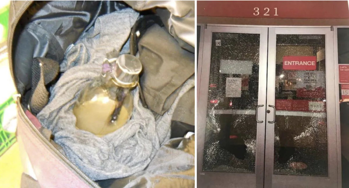 (L) Photo of a flammable device commonly known as a Molotov cocktail found in the bag of a 19-year-old teen Sami Horner. (R) Smashed windows of a bank that Seattle Police officers observed Horner smashing, in Seattle, Washington, on late Aug. 26, 2020.