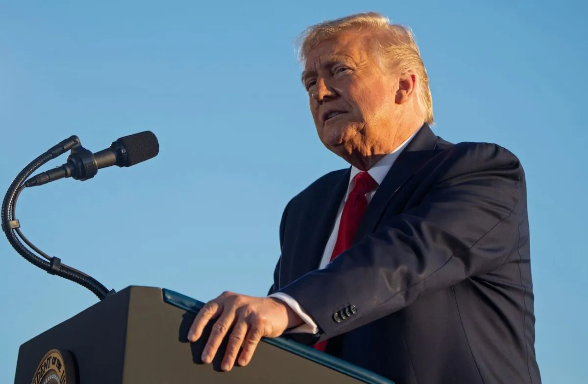 President Donald Trump addresses supporters during a campaign rally at Manchester Boston Regional Airport in Londonderry, New Hampshire, on Aug. 28, 2020. (Saul Loeb/AFP via Getty Images)