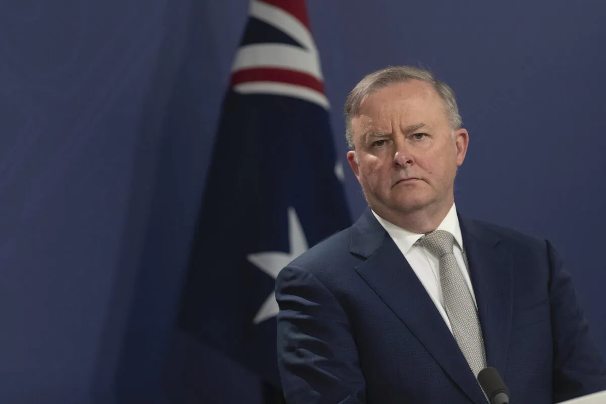 Australia's federal Labor leader Anthony Albanese speaks at a press conference with MP Chris Bowen in Sydney, Australia on Aug. 3, 2020. (Brook Mitchell/Getty Images)