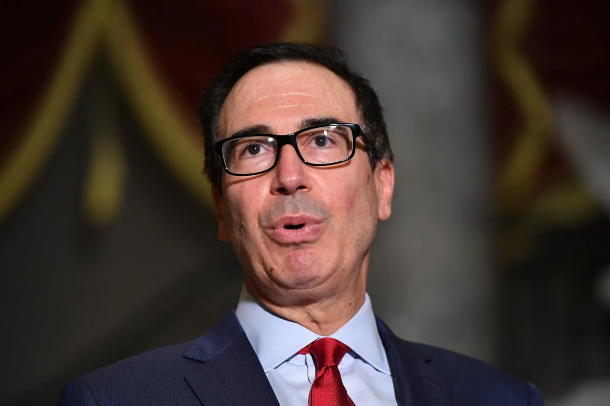 U.S. Treasury Secretary Steve Mnuchin speaks to the media after meeting with the U.S. Senate Minority Leader and House Speaker on coronavirus relief at the U.S. Capitol in Washington, D.C. on Aug. 7, 2020. (MANDEL NGAN/AFP via Getty Images)