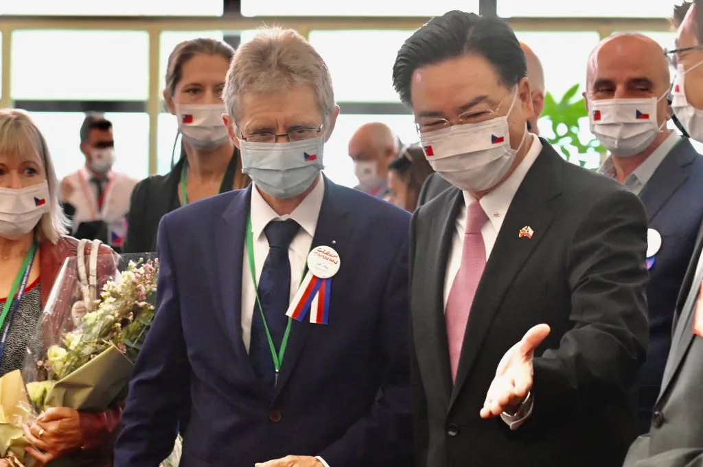 Czech Senate President Milos Vystrcil (L) is greeted by Taiwan‘s Foreign Minister Joseph Wu (R) upon his arrival at the Taiwan Taoyuan International Airport on Aug. 30, 2020. (Sam Yeh/AFP via Getty Images)