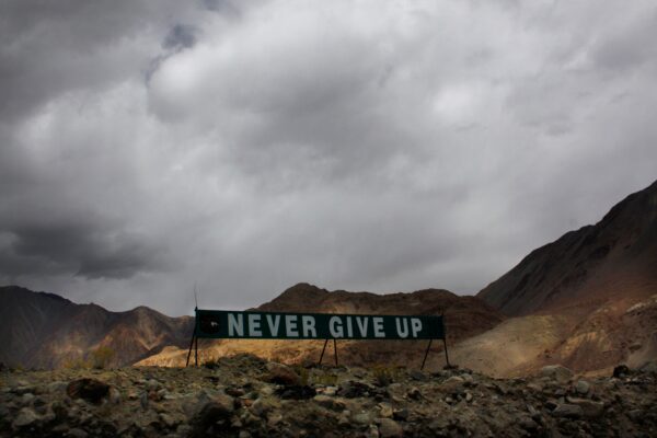 A banner erected by the Indian army stands near Pangong Tso lake