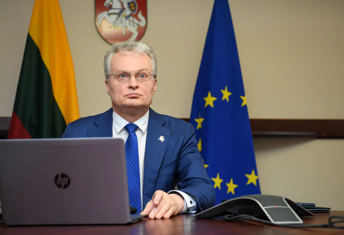 Lithuanian President Gitanas Nauseda attends a European Union leaders video conference, in Vilnius, Lithuania, on April 23, 2020. (Office of the President of the Republic of Lithuania/Robertas Dackus/Handout via Reuters)