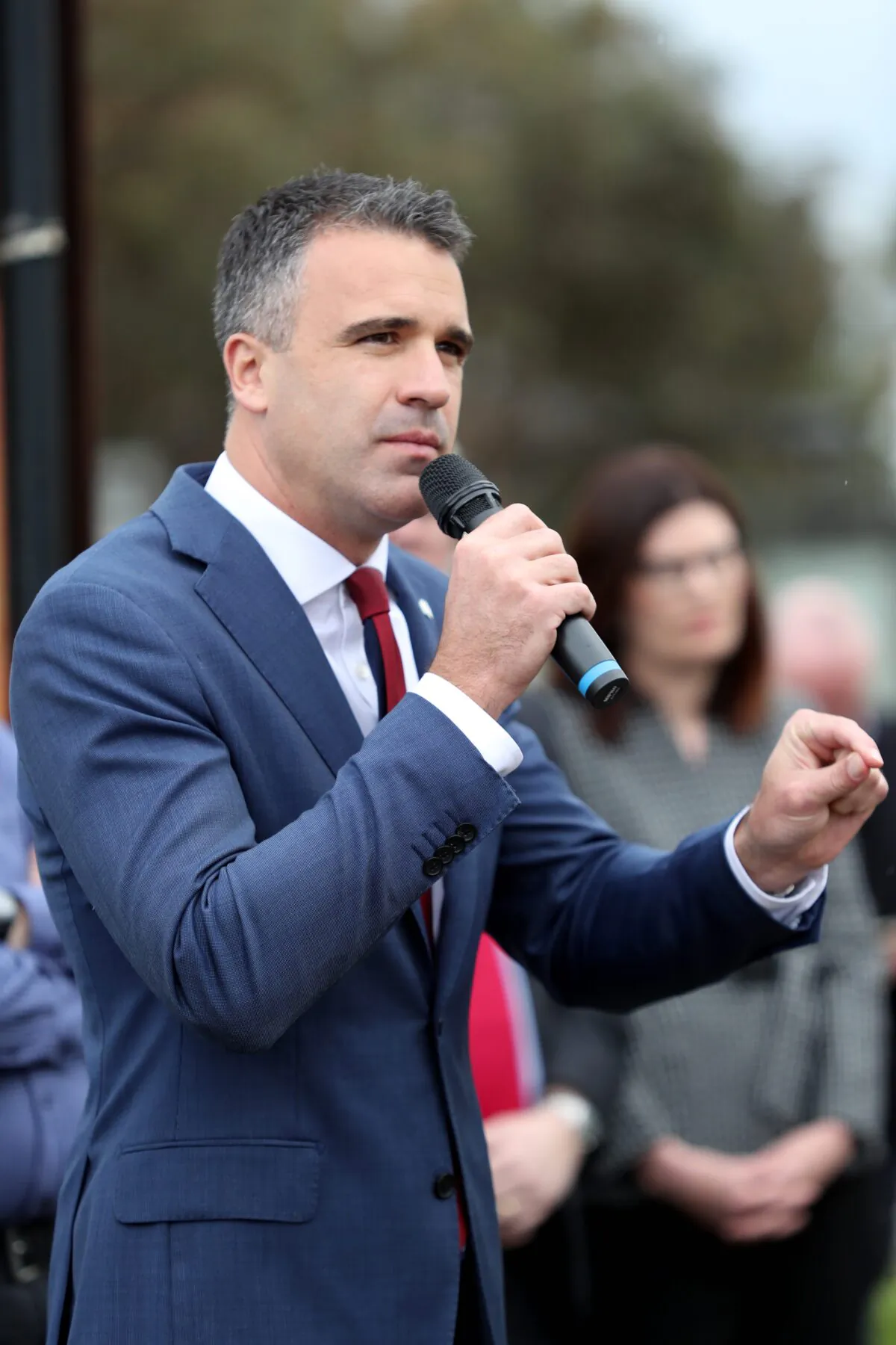 South Australian Labor Leader Peter Malinauskas speaks to Australian Submarine Corporation workers during a lunch time rally about the future of 700 submarine maintenance jobs at ASC in Adelaide, Monday, September 2, 2019. (AAP Image/Kelly Barnes) 