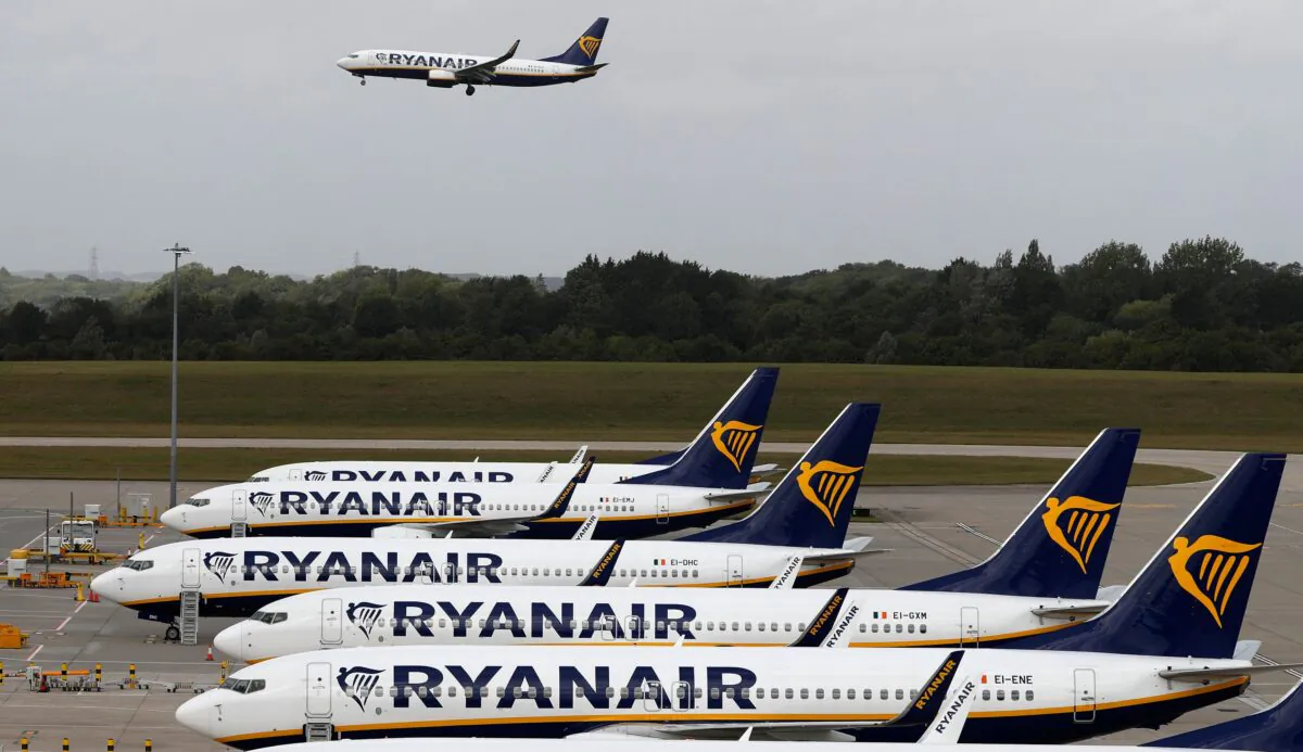 Ryanair aircraft are pictured at Stansted airport, north east of London on Aug. 20, 2020. (Adrian Dennis/AFP via Getty Images)