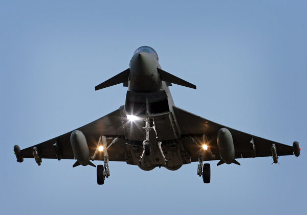 A Typhoon Tranche type 1 fighter jet prepares to land at RAF Coningsby, in Lincolnshire, England.