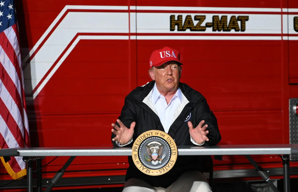 President Donald Trump speaks to first responders and other officials at a fire station in Lake Charles, La., on Aug. 28, 2020. (Roberto Schmidt/AFP via Getty Images)