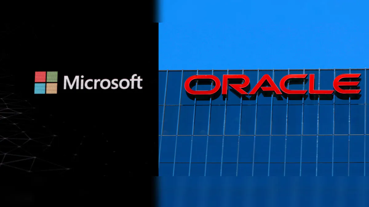 Collage of the Microsoft logo is pictured ahead of the Mobile World Congress in Barcelona, Spain, on Feb. 24, 2019 (Sergio Perez/Reuters) and the Oracle logo is shown on an office building in Irvine, Calif., on June 28, 2018. (Mike Blake/Reuters)