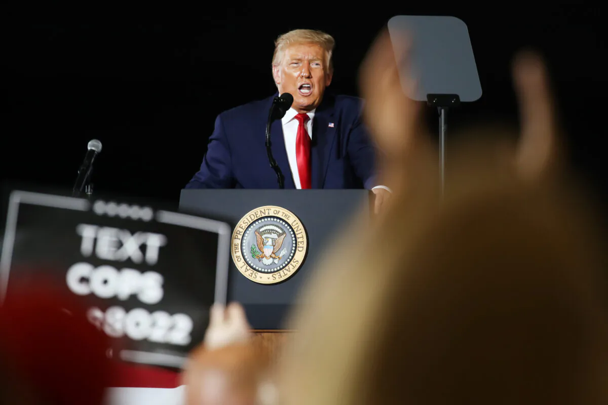 President Donald Trump speaks at an airport hanger at a rally a day after he formally accepted his party’s nomination at the Republican National Convention, in Londonderry, N.H., on Aug. 28, 2020. (Spencer Platt/Getty Images)