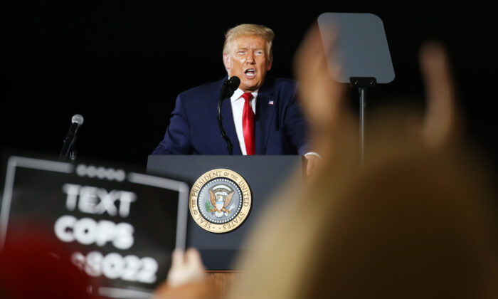 President Donald Trump speaks at an airport hanger at a rally a day after he formally accepted his party’s nomination at the Republican National Convention, in Londonderry, N.H., on Aug. 28, 2020. (Spencer Platt/Getty Images)