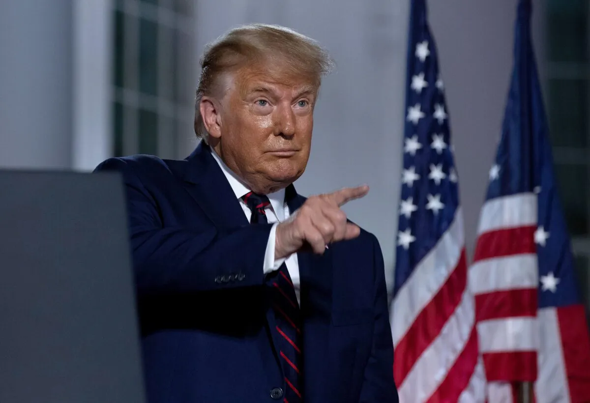 President Donald Trump gestures after delivering his acceptance speech for the Republican presidential nomination on the South Lawn of the White House on Aug. 27, 2020. (Chip Somodevilla/Getty Images)