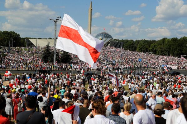 Belarusian opposition supporters rally in central Minsk