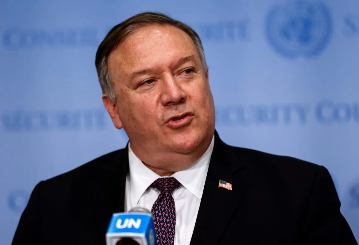 U.S. Secretary of State Mike Pompeo speaks to reporters following a meeting with members of the U.N. Security Council in New York City on Aug. 20, 2020. (Mike Segar/POOL/AFP via Getty Images)