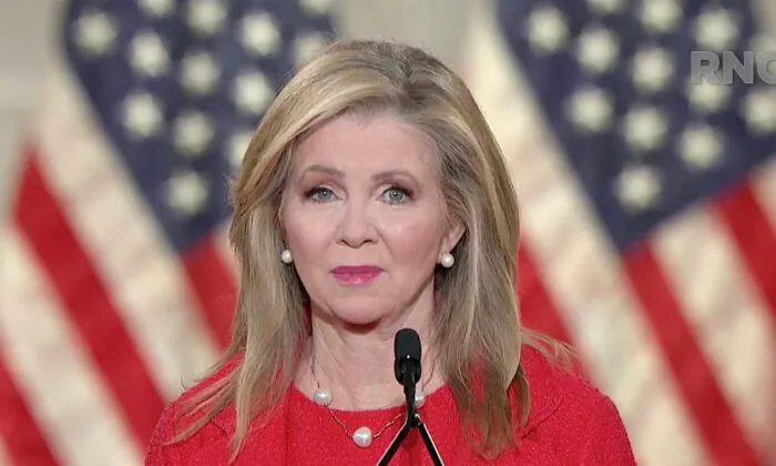 In this screenshot from the RNC’s livestream of the 2020 Republican National Convention, Sen. Marsha Blackburn (R-Tenn.) addresses the virtual convention on Aug. 26, 2020. (Courtesy of the Committee on Arrangements for the 2020 Republican National Committee via Getty Images)