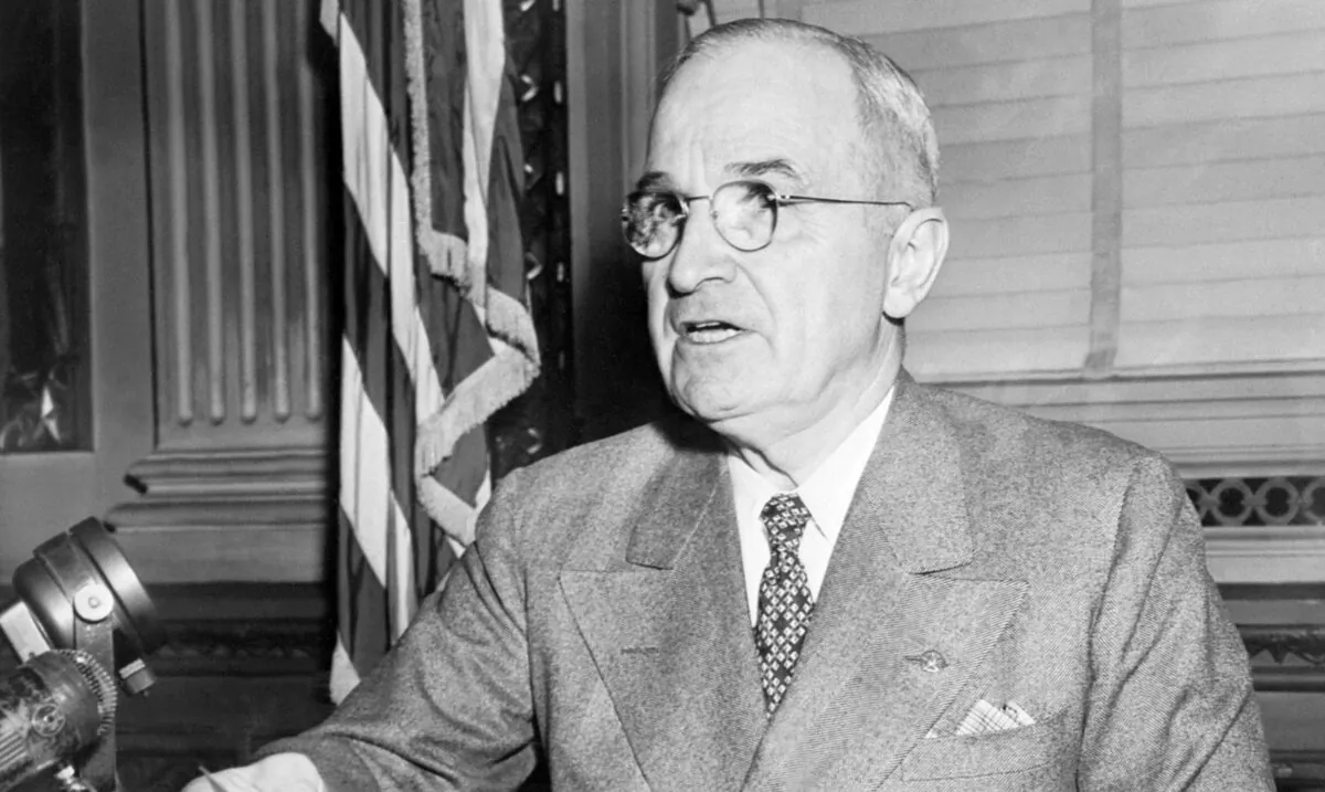 Harry Truman (1884–1972), the 33rd U.S. President, addresses the media in Washington, D.C. in 1945. (AFP via Getty Images)