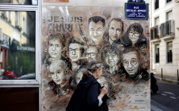 A painting by French street artist in tribute to members of Charlie Hebdo newspaper who were killed by jihadist gunmen in 2015