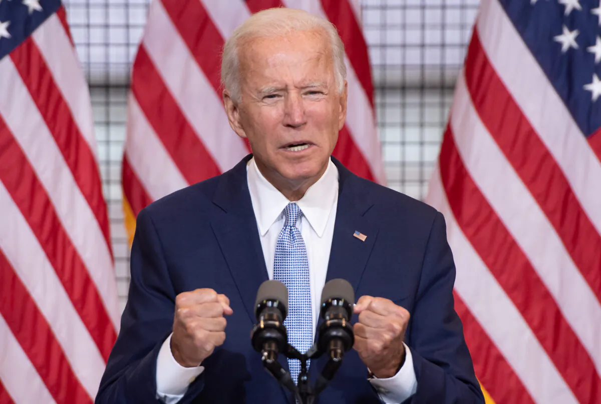 Democratic presidential nominee former Vice President Joe Biden speaks during a campaign event at Mill 19 in Pittsburgh, Pa., on Aug. 31, 2020. (Saul Loeb/AFP via Getty Images)