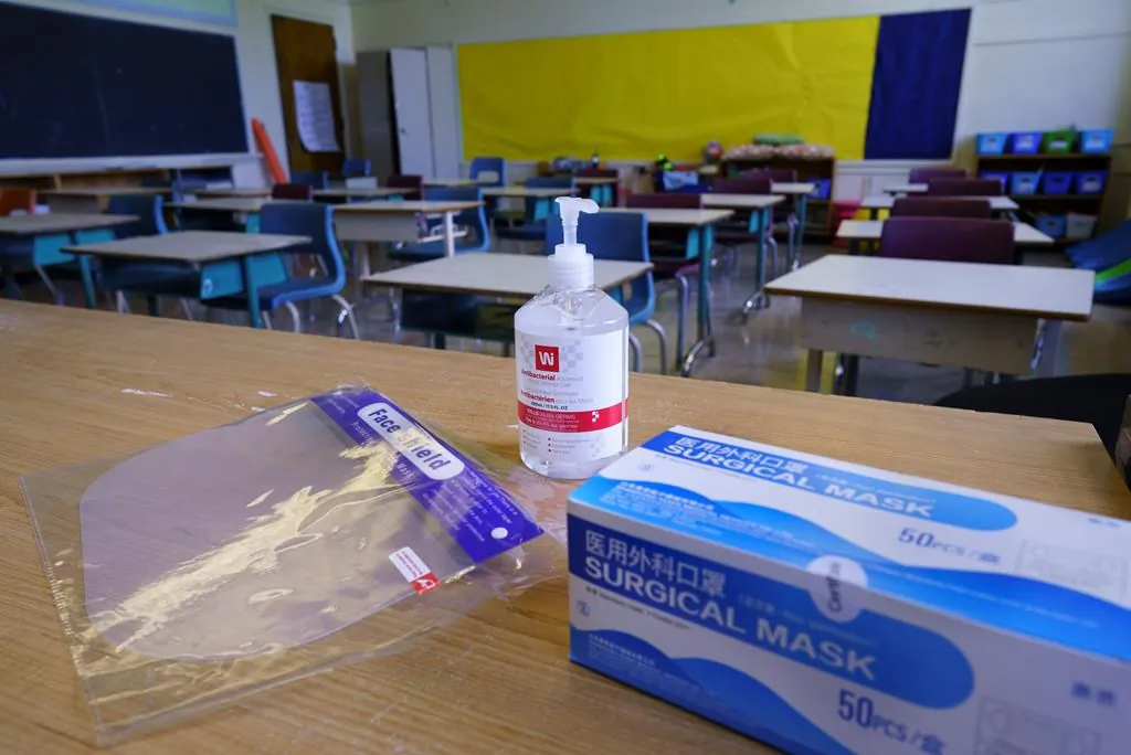 Personal protection equipment is seen on the teacher's desk in classroom in preparation for the new school year at the Willingdon Elementary School in Montreal, on Wednesday, August 26, 2020. (Paul Chiasson/The Canadian Press)