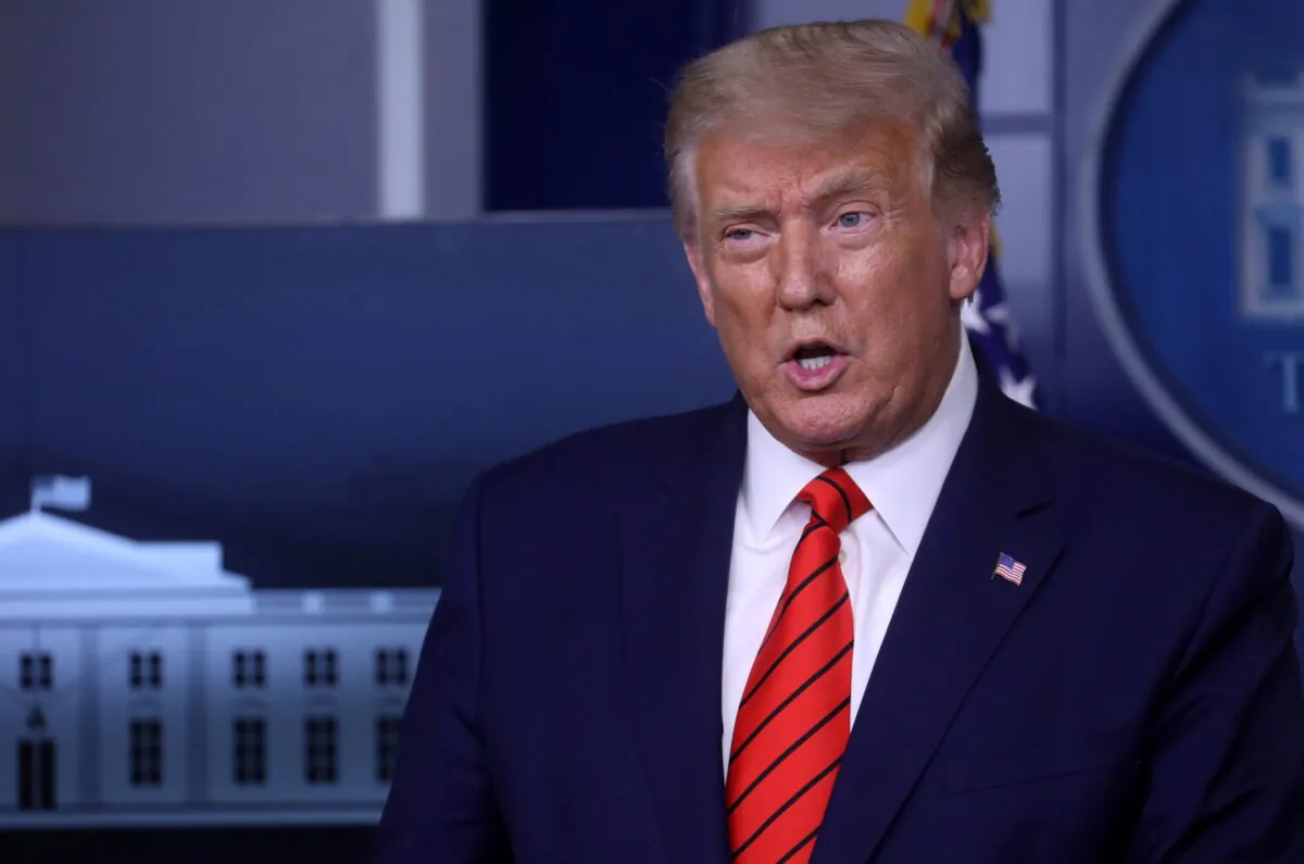 President Donald Trump responds to questions from reporters during a news conference at the White House in Washington on Aug. 31, 2020. (Leah Millis/Reuters)