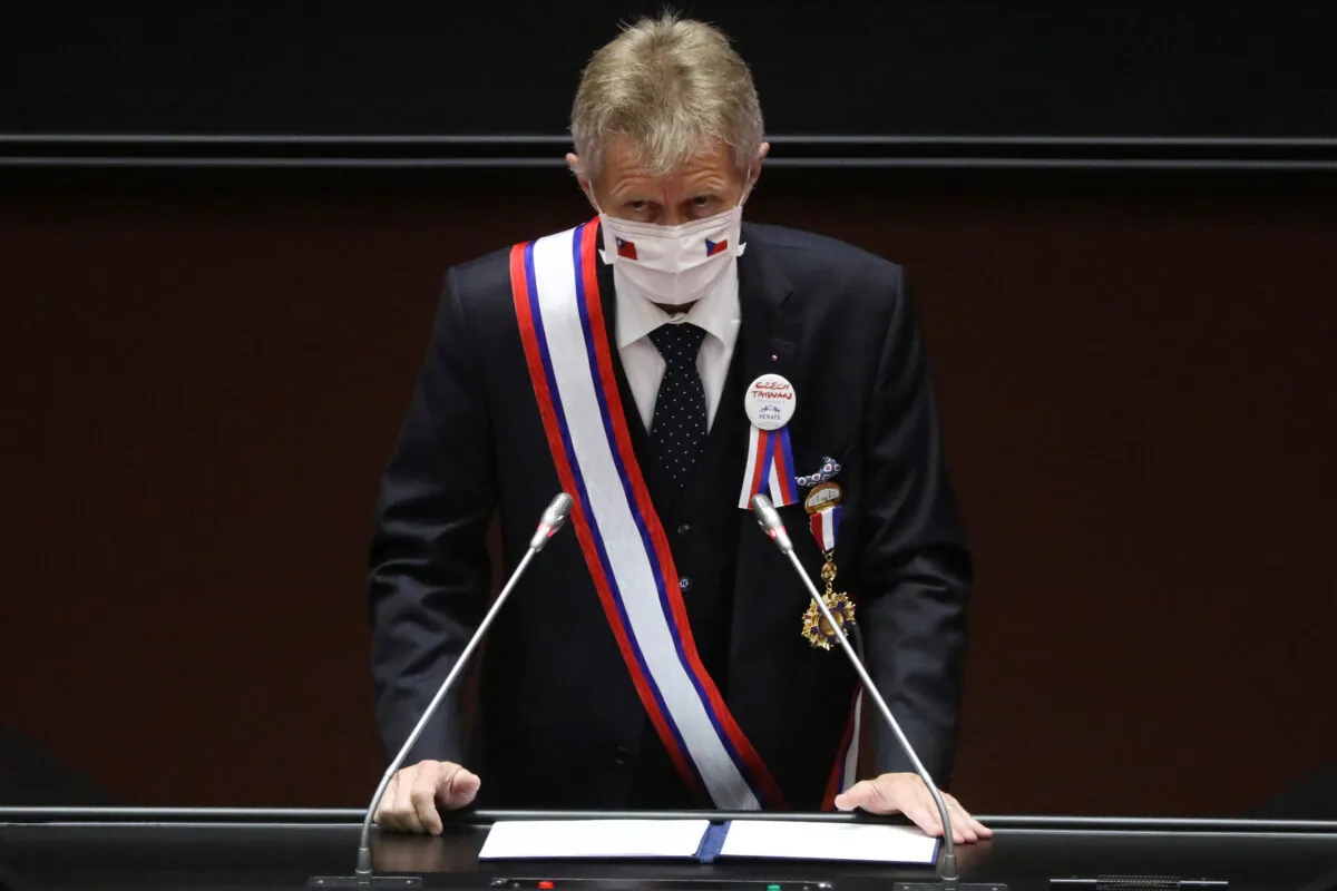 Czech senate president Milos Vystrcil delivers a speech at the main chamber of the Legislative Yuan in Taipei, Taiwan, on Sept. 1, 2020. (Ann Wang/Reuters)