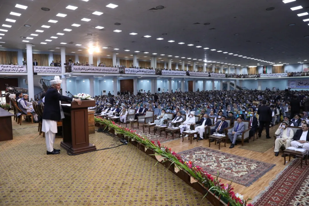 Afghanistan's President Ashraf Ghani speaks during a consultative grand assembly, known as Loya Jirga, in Kabul, Afghanistan, on Aug. 7, 2020. (Courtesy of Afghan Presidential Palace/Handout via Reuters)