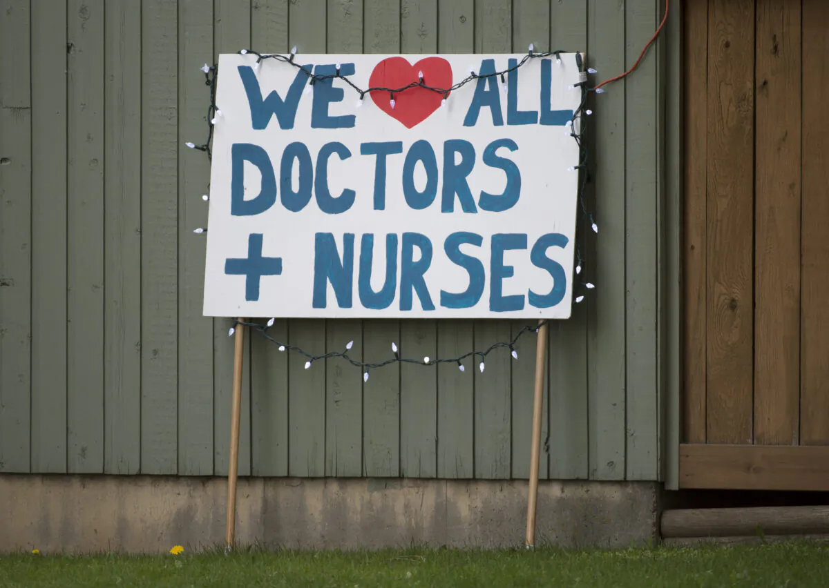 A sign expressing appreciation to doctors and nurses is pictured across the street from the Abbotsford Regional Hospital in Abbotsford, B.C., on April 14, 2020. (The Canadian Press/Jonathan Hayward)