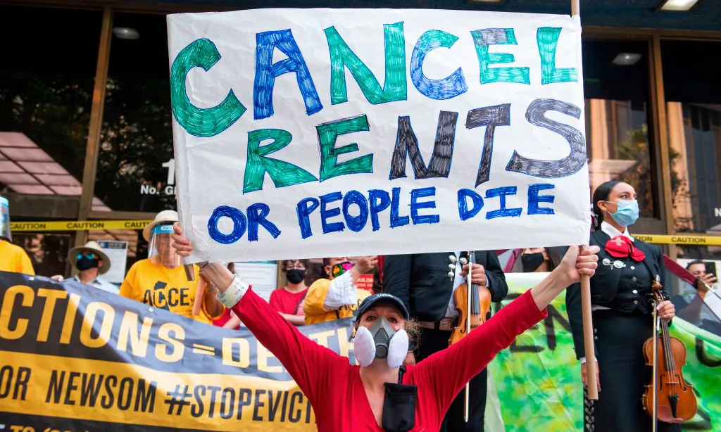 Renters and housing advocates attend a protest to cancel rent and avoid evictions in front of the courthouse amid the COVID-19 in Los Angeles on Aug. 21, 2020. (Valerie Macon/AFP via Getty Images)