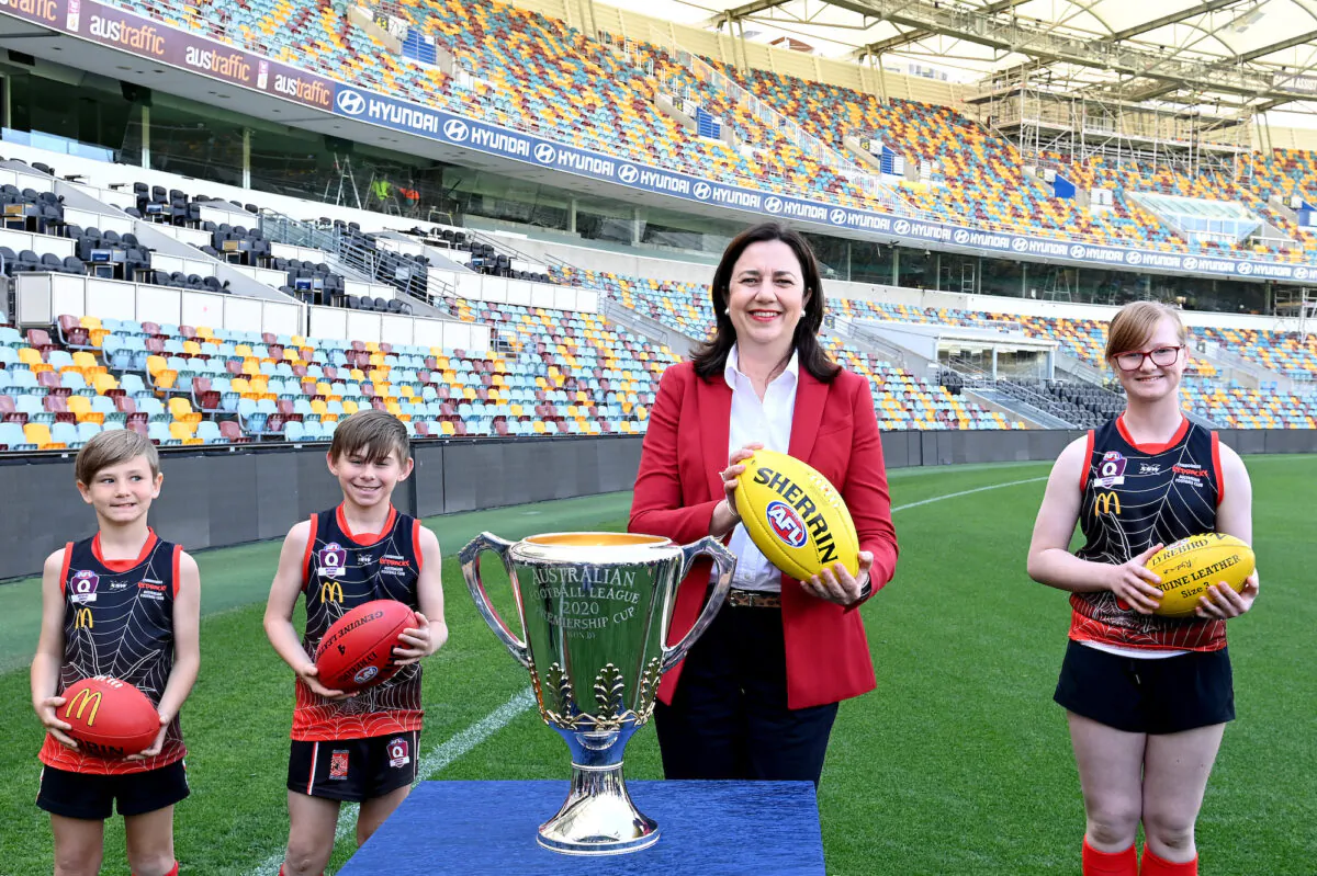 Queensland Premier Annastacia Palaszczuk poses for a photo after a press conference announcing that the 2020 AFL Grand Final will be played at the Gabba in Brisbane, Australia on Sept. 2, 2020. (Bradley Kanaris/Getty Images)