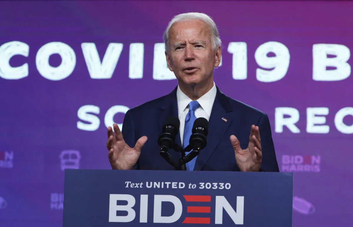 Democratic presidential nominee Joe Biden speaks on the coronavirus pandemic during a campaign event in Wilmington, Del., on Sept. 2, 2020. (Alex Wong/Getty Images)