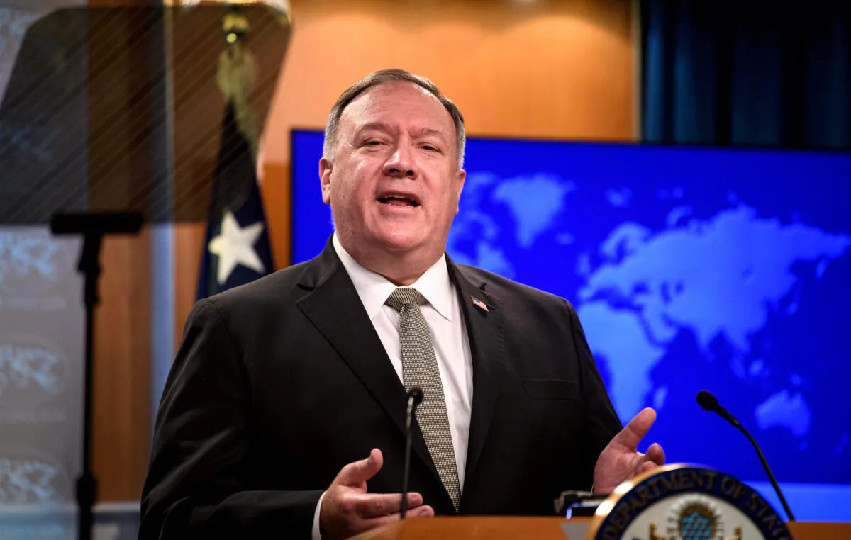 Secretary of State Mike Pompeo speaks during a news conference at the State Department in Washington, on Sept. 2, 2020. (Nicholas Kamm/Pool via Reuters)