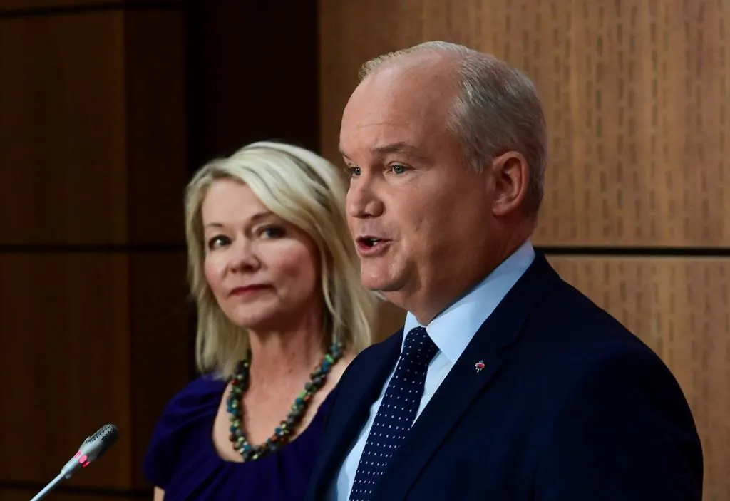 Conservative Leader Erin O'Toole introduces his Deputy Leader Candice Bergen as they hold a press conference on Parliament Hill in Ottawa on Sept. 2, 2020. (Sean Kilpatrick/The Canadian Press)