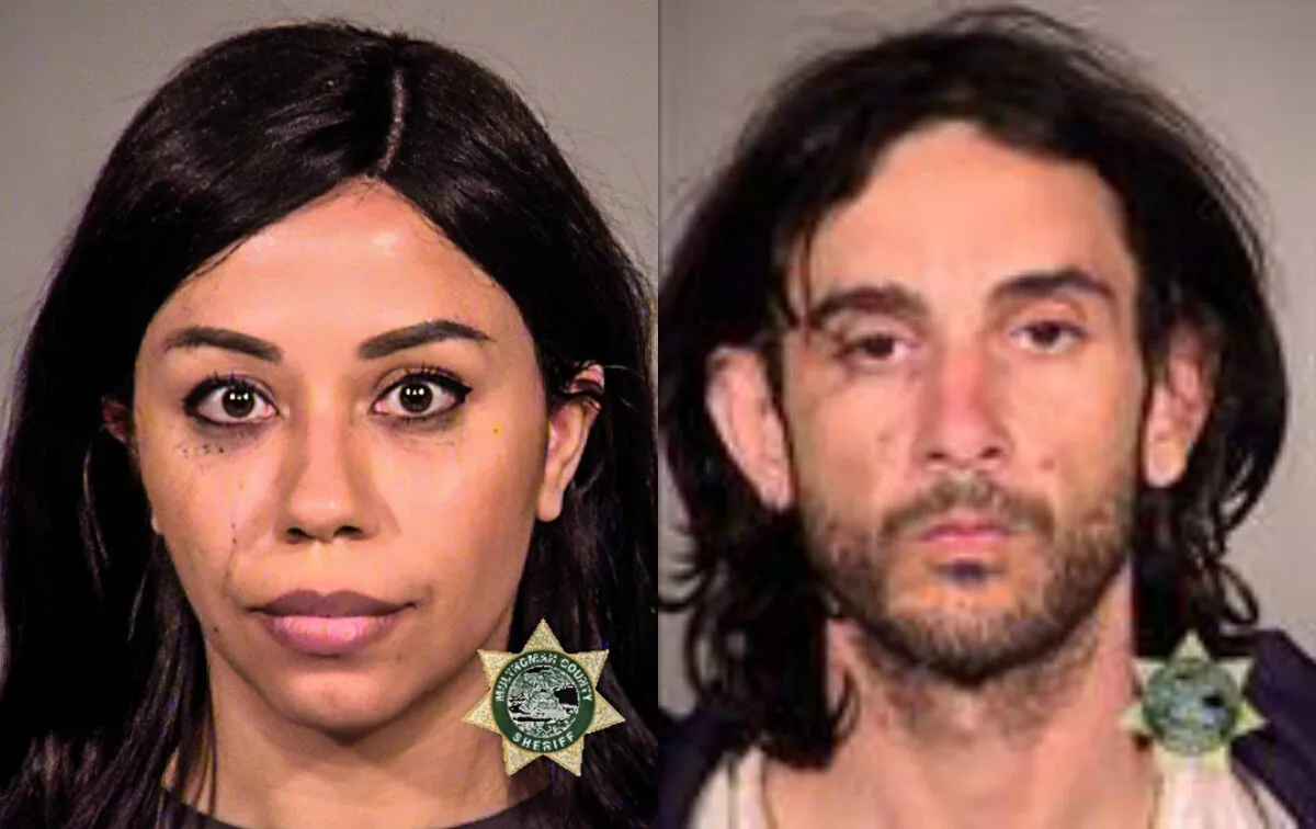 Michelle Peterson O'Conner (L) and Jesse Herman Bates in mugshots. (Multnomah County Sheriff's Office)
