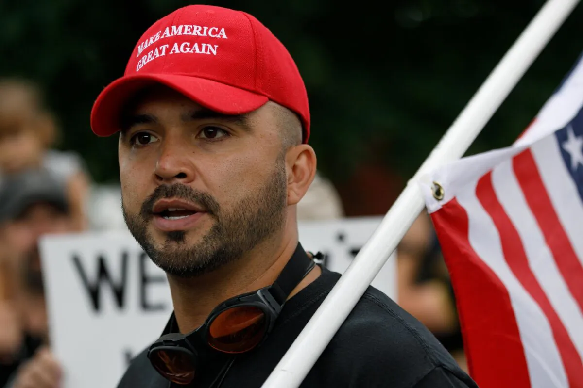 Patriot Prayer leader Joey Gibson speaks during a rally in Portland, Ore., on Aug. 17, 2019. (John Rudoff/AFP via Getty Images)