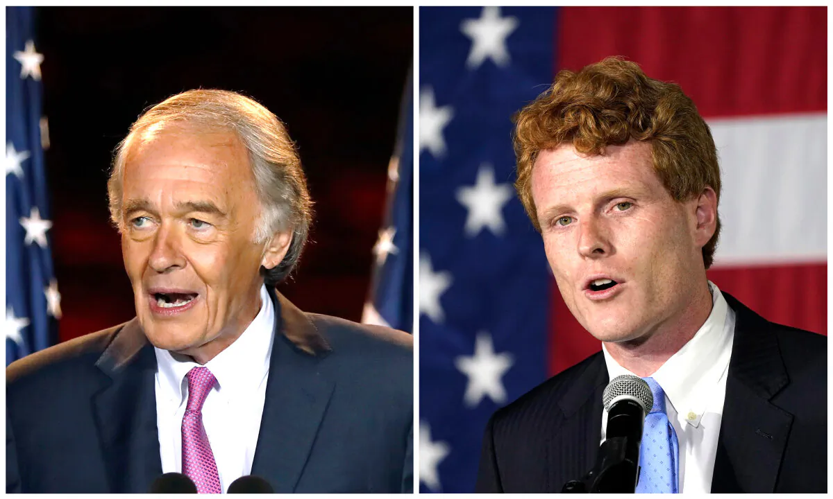 (L) Incumbent U.S. Sen. Edward Markey speaks in Malden, Mass. on Sept. 1, 2020. (Michael Dwyer/AP) (R) U.S. Rep. Joe Kennedy III speaks outside his campaign headquarters in Watertown, Mass. on Sept. 1, 2020. (Charles Krupa/AP)