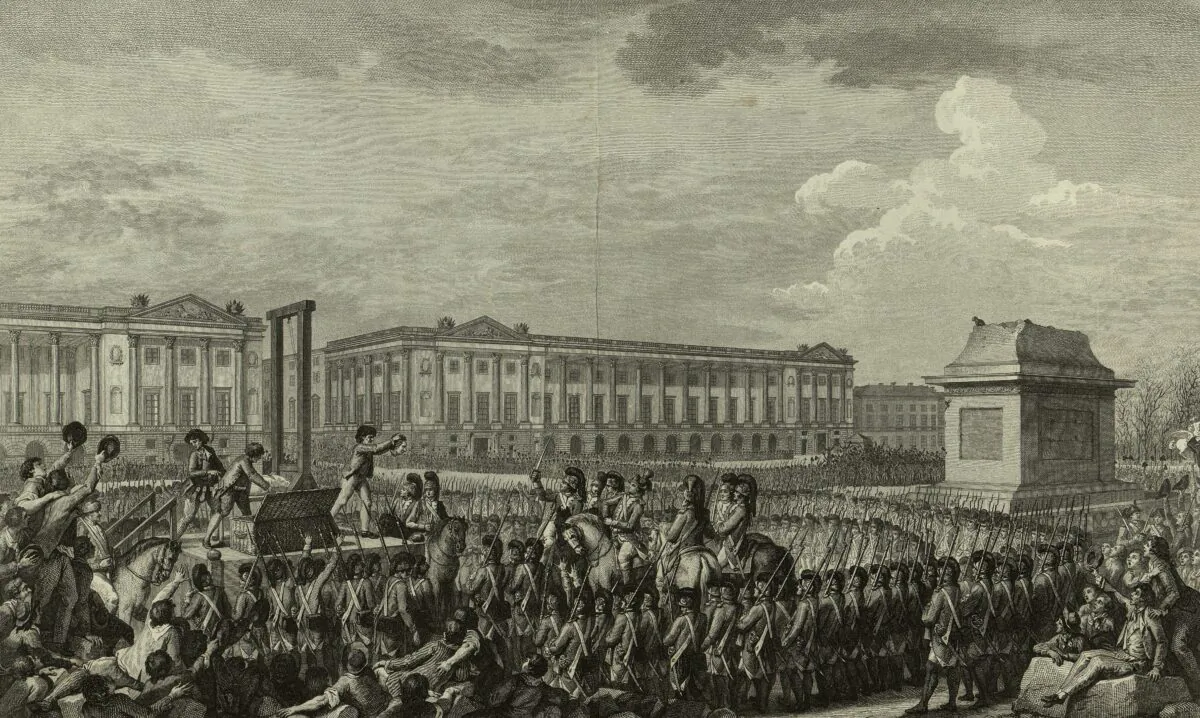 Execution of Louis XVI during the French Revolution. The empty pedestal in front of him had supported a statue of his grandfather, Louis XV, torn down during one of the many revolutionary riots. (Public Domain)