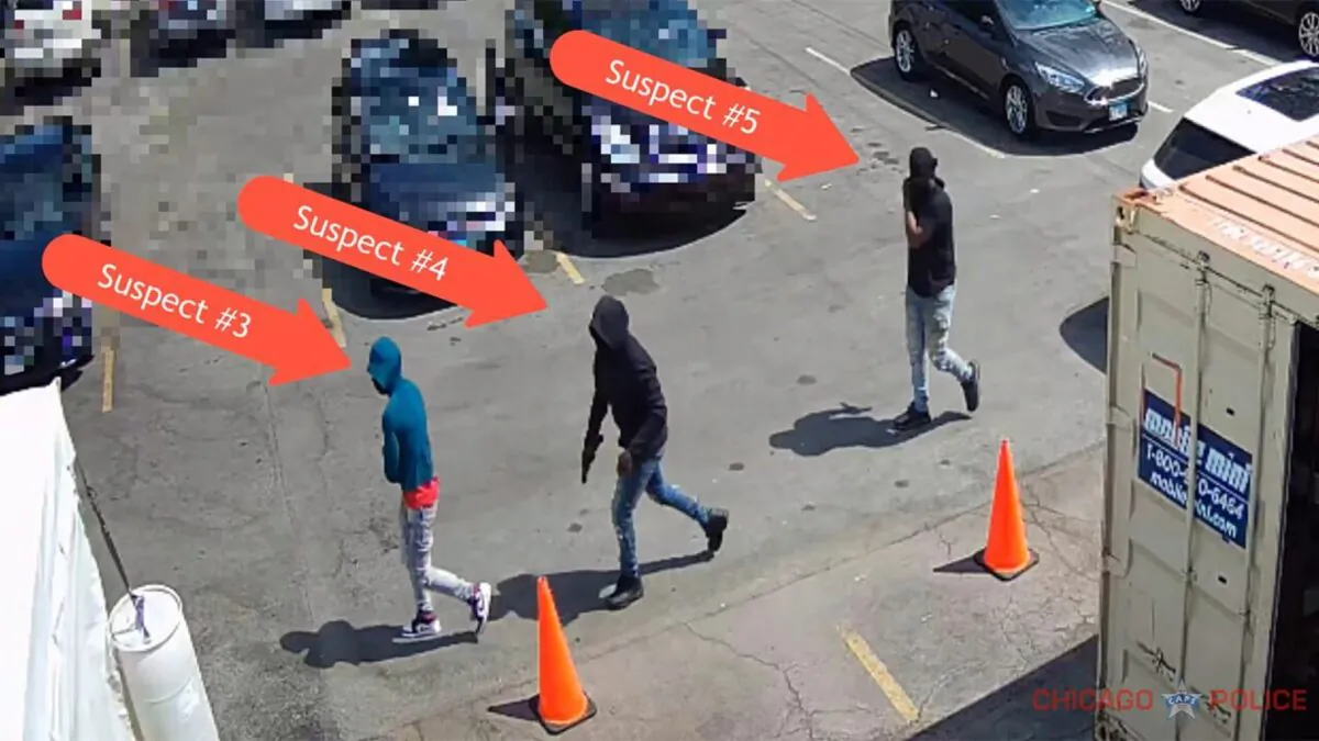 Three of the five suspects wanted in connection with Sunday's pancake house shooting, which killed one person and injured four others (Chicago Police Department via YouTube)
