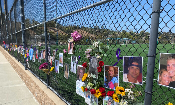 Photos of drug overdose victims line a chain-link fence at the Laguna Niguel Skate Park on International Overdose Awareness Day in Laguna Niguel, Calif., on Aug. 31, 2020. (Chris Karr/The Epoch Times)