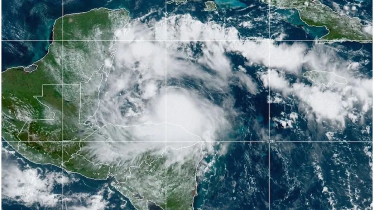 This satellite image released by the National Oceanic and Atmospheric Administration (NOAA) shows Hurricane Nana approaching Belize on Sept. 2, 2020. (NOAA via AP)