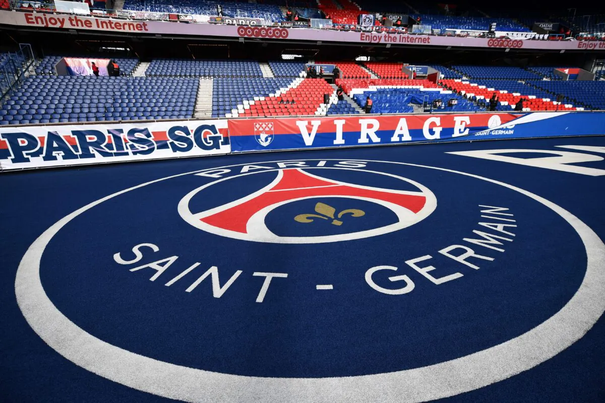 A picture taken at the Parc des Princes stadium in Paris, on Feb. 29, 2020, shows the Paris Saint-Germain's logo before the Ligue 1 football match between PSG and Dijon amid fear of Covid-19. (Franck Fife/AFP via Getty Images)